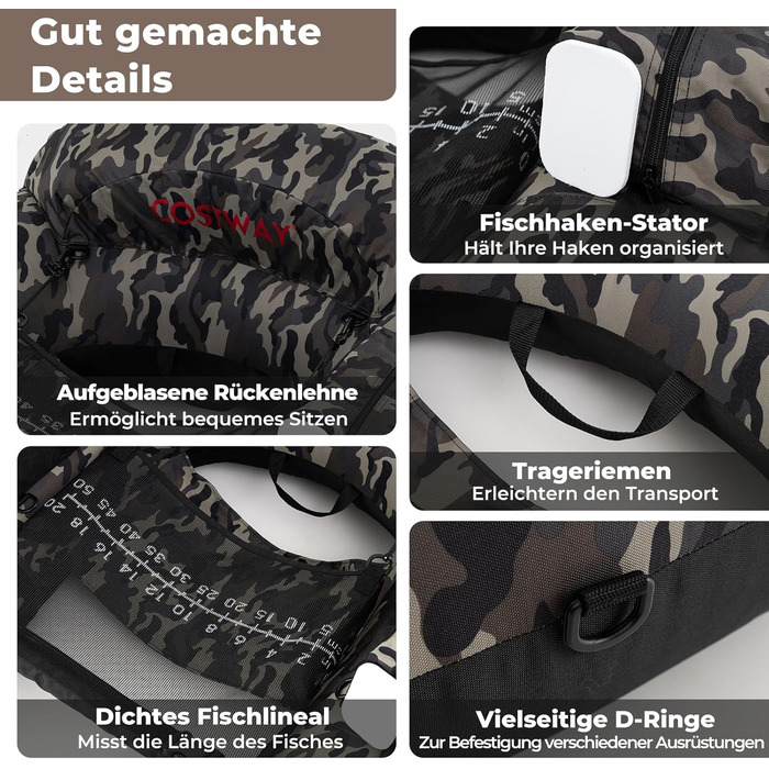 COSTWAY Belly Boot - надувне рибальське сидіння для лову риби, зелений (камуфляж)