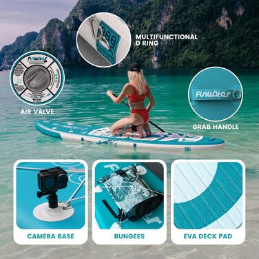 SUP дошка FunWater надувна 10'-11' з веслом та насосом, Eva-покриття, для 2-х осіб/сім'ї, блакитно-зелена