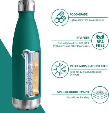 Термос-пляшка 750 мл, термокана з подвійними стінками, підходить для газованої води, без BPA, витокозахисна, ізольована пляшка з нержавіючої сталі для університету, роботи, подорожей, спорту, активного відпочинку, хлопчиків та дівчаток, 750 мл, темно-зеле