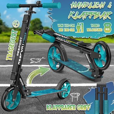 Дитячий та дорослий трюковий самокат Cityroller з дзвінком та ременем | Регульована висота, складаний, до 100 кг | Великі колеса, Kickscooter, турквіс