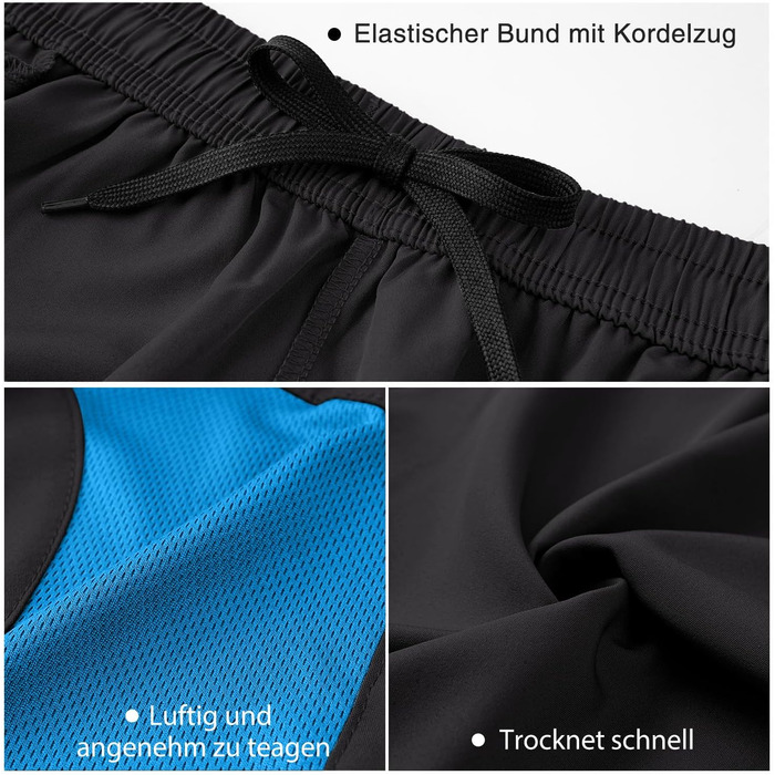 Шорти спортивні чоловічі HMIYA, швидковисихаючі, з кишенею на блискавці (XL, чорно-синій)