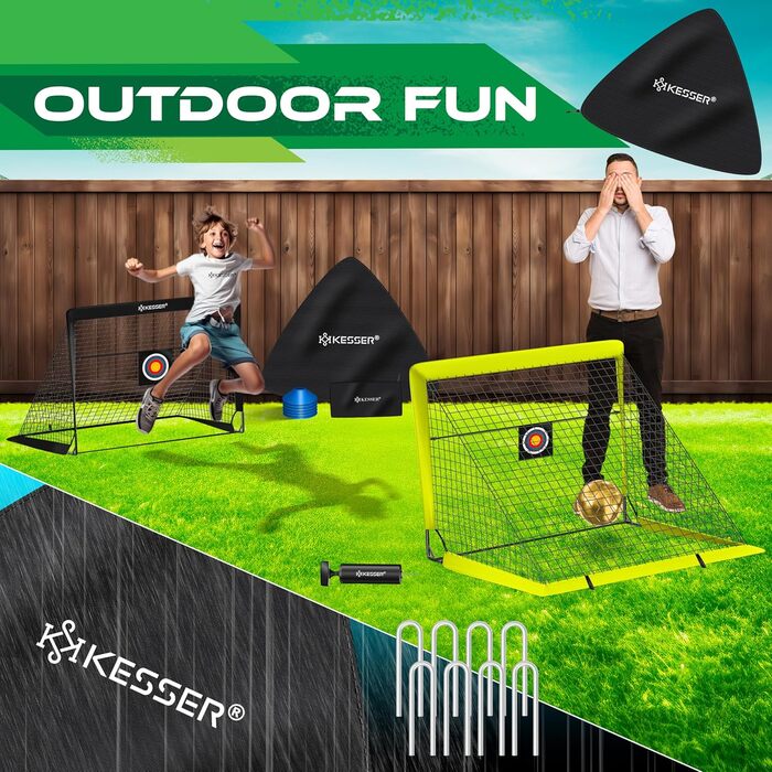 Дитячі футбольні ворота KESSER Pop-Up, 2 шт., складані, з фібергласовими стійками, сіткою, для вулиці та кімнати, з сумкою, 6 фішок, насосом, мішенню, жовті/чорні