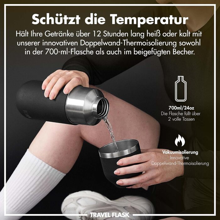 Термос ION8 з вакуумною ізоляцією ThermoShield для гарячих та холодних напоїв, великий ізольований стакан 2 чашки, магнітна кришка, м'яке дно, стильний та екологічний, чорний