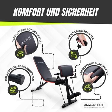 Багатофункціональна тренажерна лава Mobiclinic Planefit для силових тренувань, складана, 8 позицій регулювання, з еластичними стрічками-опорами та колесами для дому