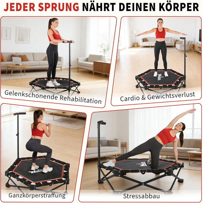 Складаний фітнес-батут для дому з регульованою ручкою, навантаження до 150 кг, Ø 86.5 см, для дорослих та дітей (Colorful)