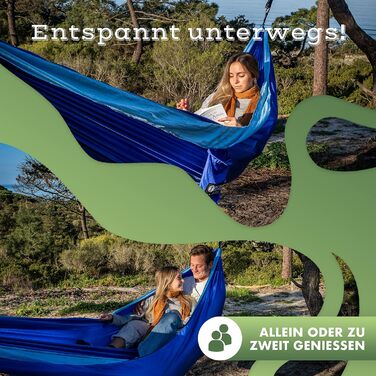 Гамак NATURBUMMLER® Outdoor з захистом дерев [Tree Protec+] – 300x170 см для 1-2 осіб – ультралегкий та стійкий до погодних умов – двошаровий гамак для кемпінгу, саду та відпочинку на природі (Натуральний зелений, Морська блакить)