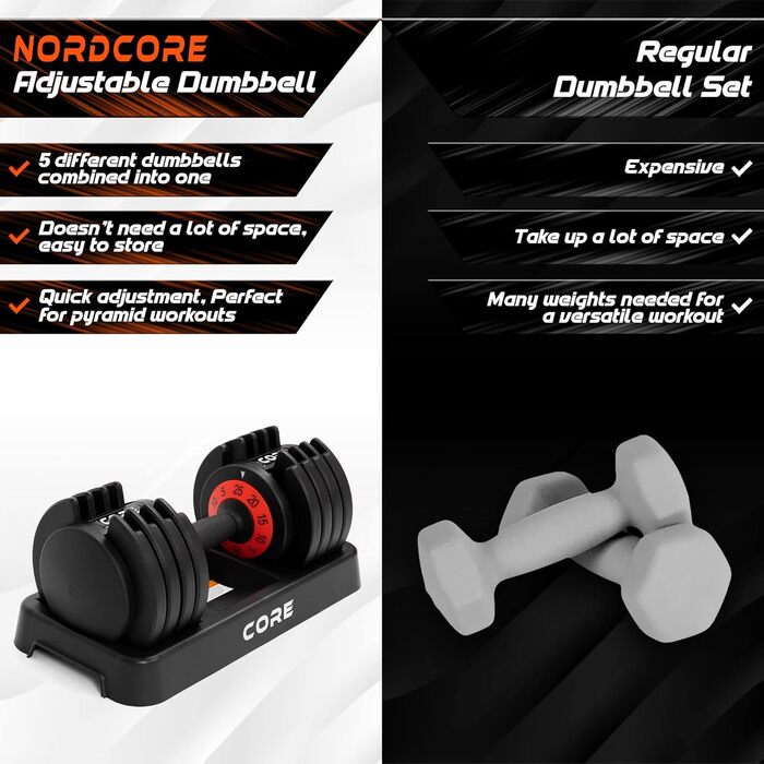 Nordcore Регульована гантель: 5-25 кг, для чоловіків та жінок, силові тренування вдома, компактна