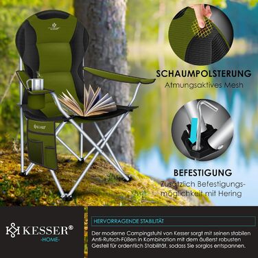 Крісло для кемпінгу KESSER® з підлокітниками, 150 кг, з підсвіткою, тримачем для напоїв, хакі/чорний