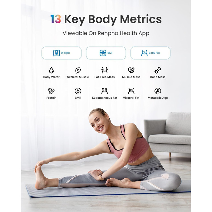 Вага RENPHO для вимірювання жиру в тілі, Bluetooth, для персонального використання, з нагадуваннями, перезаряджувана, 180 кг, 30 см