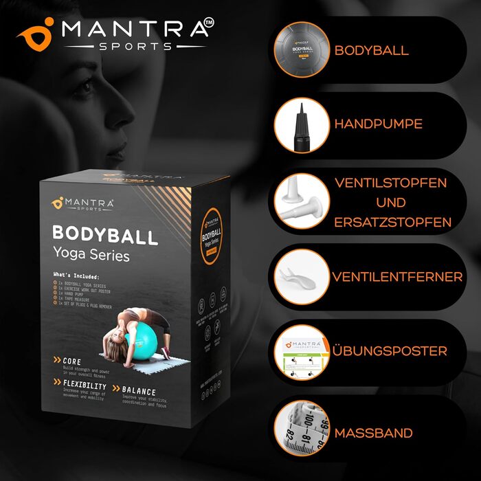 М'яч для фітнесу MANTRA SPORTS – фітбол для занять йогою, пілатесом, офісу та спини, баланс-м'яч для вагітних, розмір L (1,61 м – 1,78 м), чорний