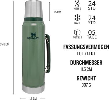 Термос Stanley Classic Legendary 1 л – зберігає тепло/холод до 24 годин, нержавіюча сталь, BPA Free, для напоїв, зелений Hammertone, можна мити в посудомийній машині