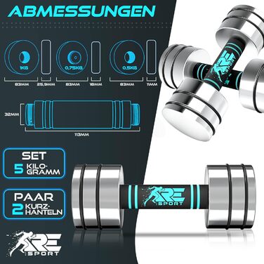 Набір гантелей 2 шт. з масивного сталі 2,5/5/7,5/10 кг | Гантелі з набором ваг та пінополіуретановими ручками | Фітнес гантелі для дому, силові тренування та нарощування м'язів, блакитний (2 x 5 кг)