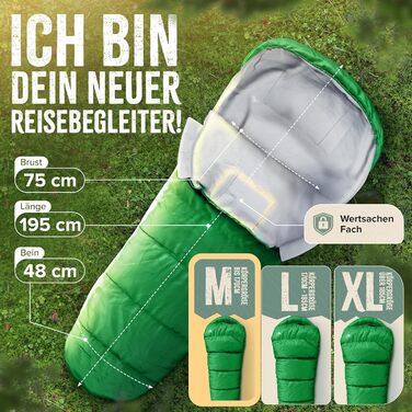 Сплячий мішок ONLYHIKE® Outdoor I [300GSM] - теплий, легкий (1700г) для весни, осені та зими [-5°C до 10°C] | Для кемпінгу, відпочинку на природі та подорожей | Розмір M-XL, Колір: Зелений