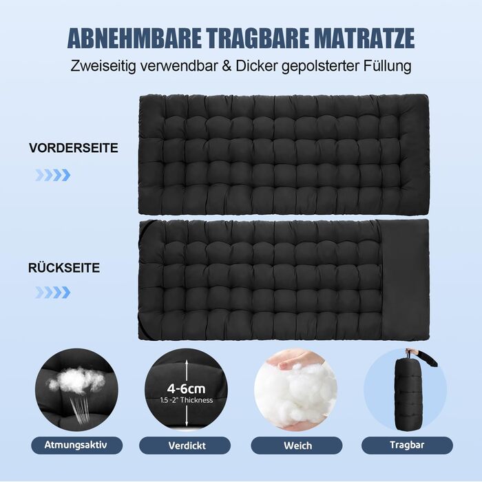 Ліжко туристичне розкладне XL з матрацом, 220 кг, 600D Oxford, сталевий каркас, для кемпінгу, саду, дому (190x78x37 см)