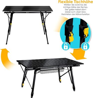 Кемпінговий стіл KESSER® розкладний, з алюмінієвим каркасом, регулювання висоти, 90x53 см, до 100 кг, чорний, з сумкою та сітчастою кишенею
