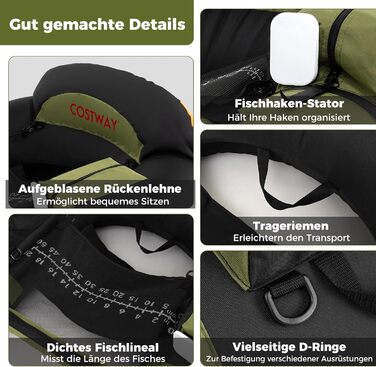 Надувне рибальське сидіння Belly Boat Costway з регульованим утримувачем вудки, зеленого кольору