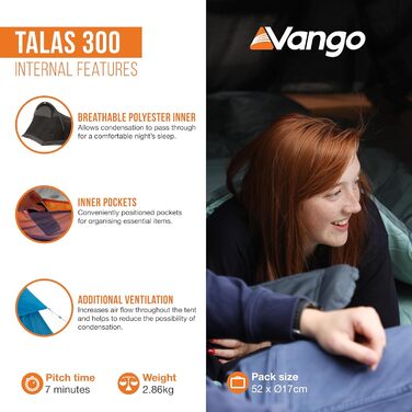 Намет Vango Talas 300 Tunnel: 3-місний, водонепроникний, зелений для кемпінгу та пригод