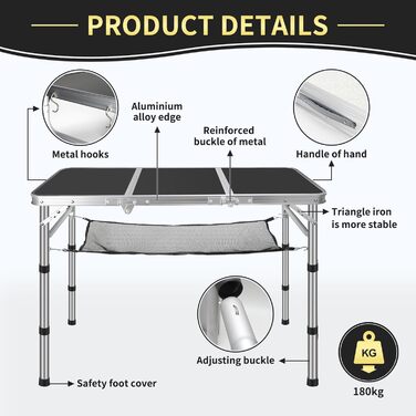 Стіл для кемпінгу CPROSP, розкладний, 90x40 см, чорний, регульована висота 26-70 см