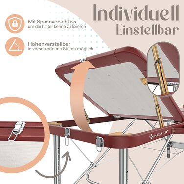 Масажне ліжко KESSER® з 3 зонами, до 250 кг, складане, регульоване, з аксесуарами (підголовник, підлокітники, сумка), для косметичних процедур та терапії, антиковзаюча поверхня, 61 см, Бордовий