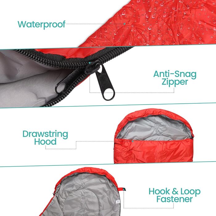 Спальний мішок Mumienschlafsack для дорослих - легкий, компактний, водонепроникний з капюшоном, 220x85 см, для кемпінгу, походів, подорожей (червоний)