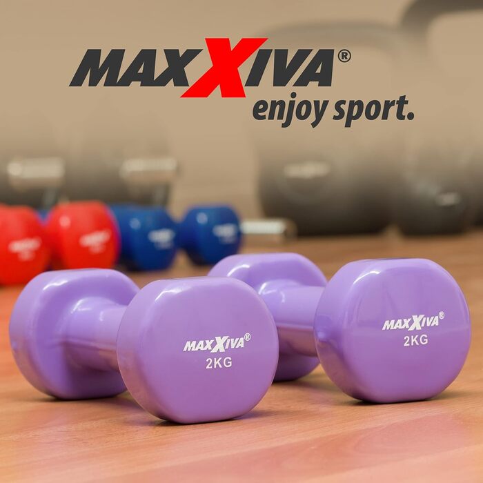 MAXXIVA Гантелі з вініловим покриттям, сталевий сердечник, 2 х 2 кг, фіолетові, для фітнесу та силових тренувань