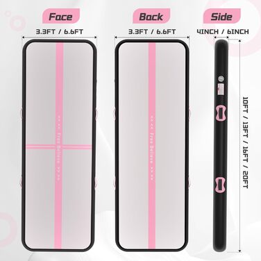 Надувна гімнастична мат для тренувань з насосом, 10.2-15.2 см товщина, для челідингу/йоги/паркуру/пляжу/парку/води (чорний/рожевий, 3м*1м*0.1м)