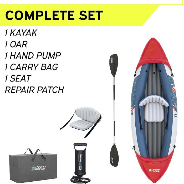 Надувний каяк Bestway Hydro Force Rapid X1 290x91x42 см для 1 людини, до 120 кг, Inflata-Shield, GS сертифікат, алюмінієве весло, насос, сумка