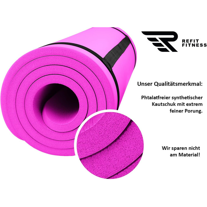 Килимок для гімнастики та йоги REFIT FITNESS Profi 190 x 60 см з PainProtect & SmartCell NBR, 10-15 мм. Нековзкий, для пілатесу, фітнесу, гімнастики. У комплекті: сумка, ремінь. Колір: фуксія