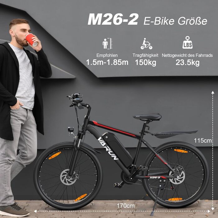 Електровелосипед VARUN E Bike 24/26 дюймів, алюмінієва рама, 36/48V акумулятор, 1/21 швидкість, пробіг 40-80 км, для міста та гір