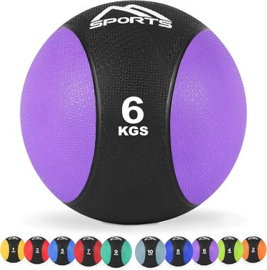 MSPORTS Медичний м'яч 6 кг, професійний, фіолетовий, для фітнесу та гімнастики, з постером вправ