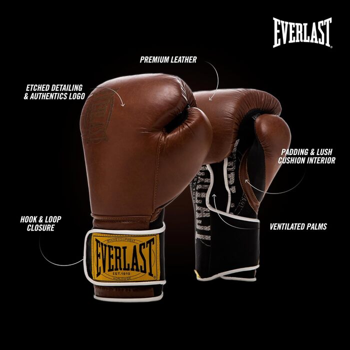 Боксерські рукавички Everlast 1910 Classic з натуральної шкіри, для тренувань з мішком та лапами, на липучці, потрійна амортизація, ергономічне зчеплення – Оригінальні Everlast, Колір: Коричневий, Розмір: 14OZ