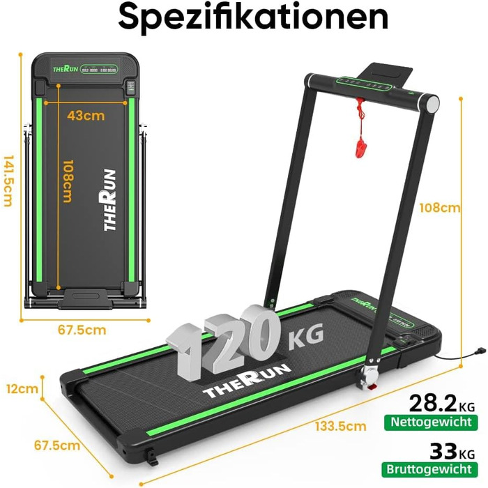Електрична бігова доріжка THERUN Walking Pad, складана, зелена, ширина полотна 43 см, подвійна амортизація, сенсорний екран, 2.5 к.с., тиха робота, для дому та офісу
