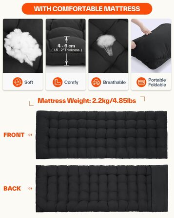 Розкладне ліжко Sportneer для кемпінгу та відпочинку: 200x81x47 см, чорне, з матрацом та сумкою для зберігання