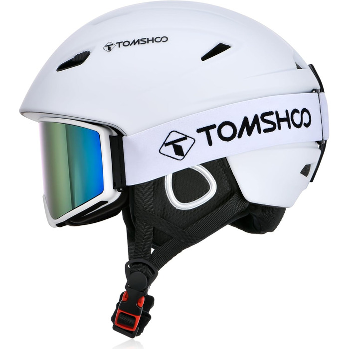 Шолом для сноуборду та лиж TOSHOO з візором та навушниками, вентиляційні отвори, міцний, теплий та дихаючий, для чоловіків (білий з маскою, L)