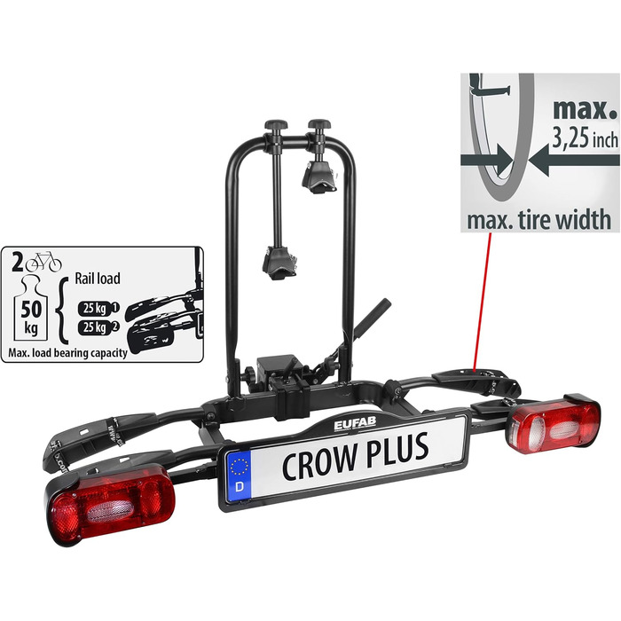 Велосипедний багажник EUFAB CROW BASIC для 2 велосипедів (E-bike), на фаркоп, частково зібраний, чорний
