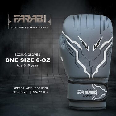 Боксерські рукавички Farabi для дітей (5-10 років), 6oz, сірі - MMA, Муай Тай, бокс