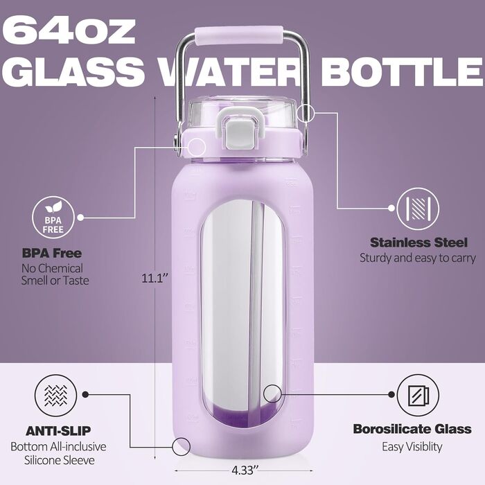 HYDRAGLAZIC 1900 мл пляшка для води з нержавіючої сталі та соломинкою, мотиваційна фляга з силіконовим чохлом і тайммаркером для контролю споживання води, фіолетова