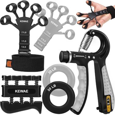 Набір для тренування сили хвату (6 шт.) з тренажером для пальців, зміцнювачем хвату та кільцем для тренування передпліччя. Для розвитку м'язів та відновлення після травм. Чорний, сірий