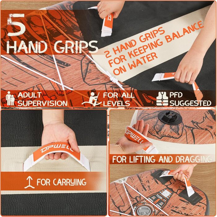 Надувний SUP Борд UPWELL Premium Stand Up Paddling Board з комплектом: сидіння, кріплення для камери, весло та аксесуари. Макс. вага 204 кг (2 особи), розмір 350x89x15 см, Jurassic