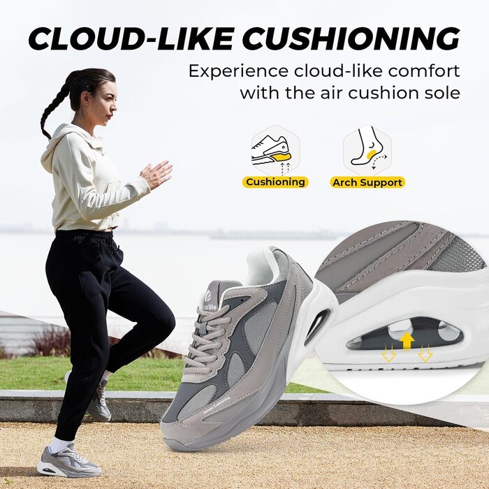 Жіночі кросівки FitVille для бігу та фітнесу, широка колодка, повітряна амортизація, сірі, 38.5 EU