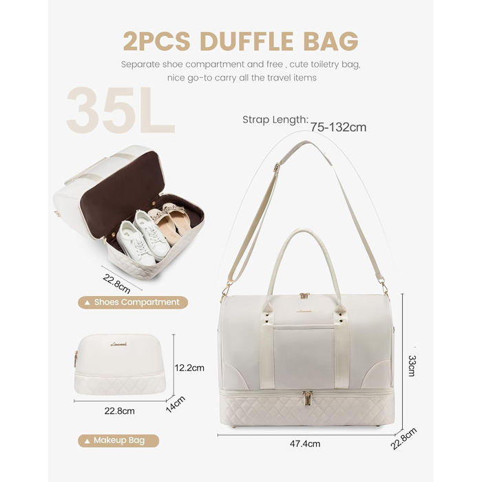 Сумка-мішок LOVEVOOK для жінок, дорожня сумочка-вікендер з відділенням для взуття та мокрих речей, 2 шт. у наборі, велика спортивна сумка, ручна поклажа для подорожей літаком, фітнесу, йоги, бежева, L (35 л)