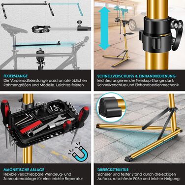 Підставка для велосипедів KESSER® Profi Alu: Ремонт, обслуговування, 360° обертання. Підходить для гірських, електровелосипедів та звичайних велосипедів. В комплекті сумка, набір для ремонту та магнітний органайзер для інструментів.