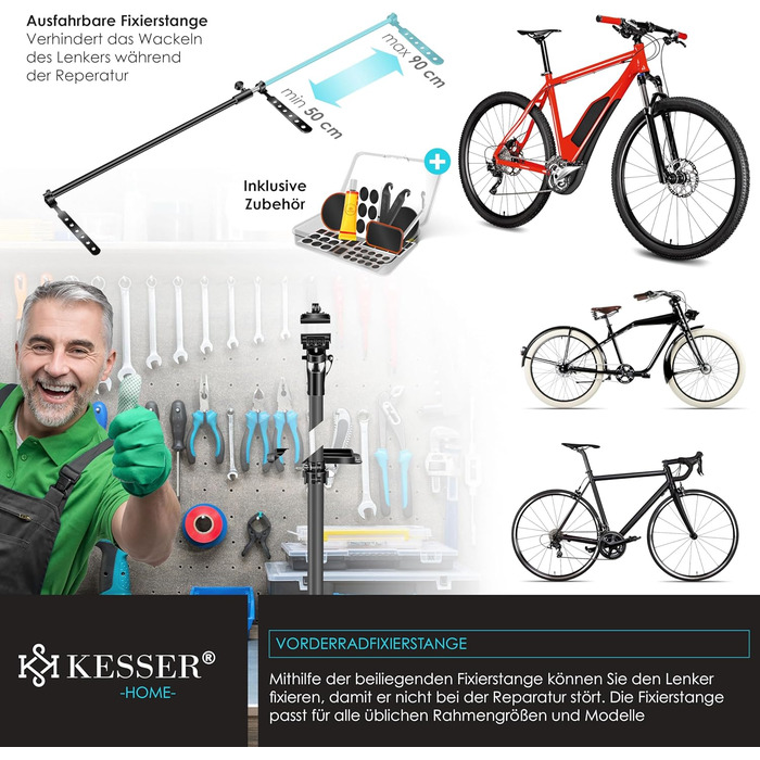 Підставка для велосипедів KESSER® Profi Alu: для ремонту та збирання гірських, електровелосипедів. 360° обертання, сумка, ремкомплект, магнітний органайзер для інструментів (антрацит)