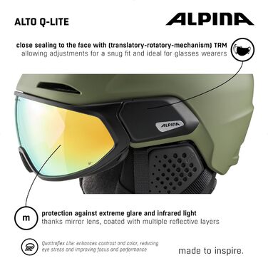 Гірськолижний шолом ALPINA ALTO Q-LITE, захисний, з ударопоглинанням, регульований, з контрастним візором, для дорослих, оливковий матовий, 55-59 см