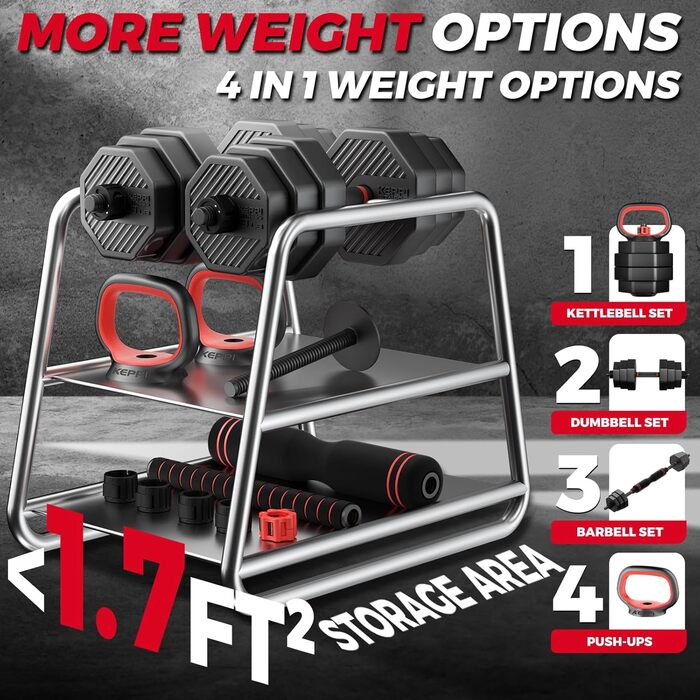 Регульований набір гантелей KeppiFitness 4-в-1, 30/40,8/50/70 кг з'єднувальна штанга, гантелі, гиря, штанга, упор для віджимань для дому та спортзалу