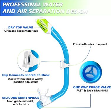 Дитячий набір для снорклінгу GoseWave: маска, трубка, окуляри. Для дітей 5-15 років. Anti-fog (антизапітніння), Dry Top (суха трубка), унісекс, блакитний, S/M(1-4)