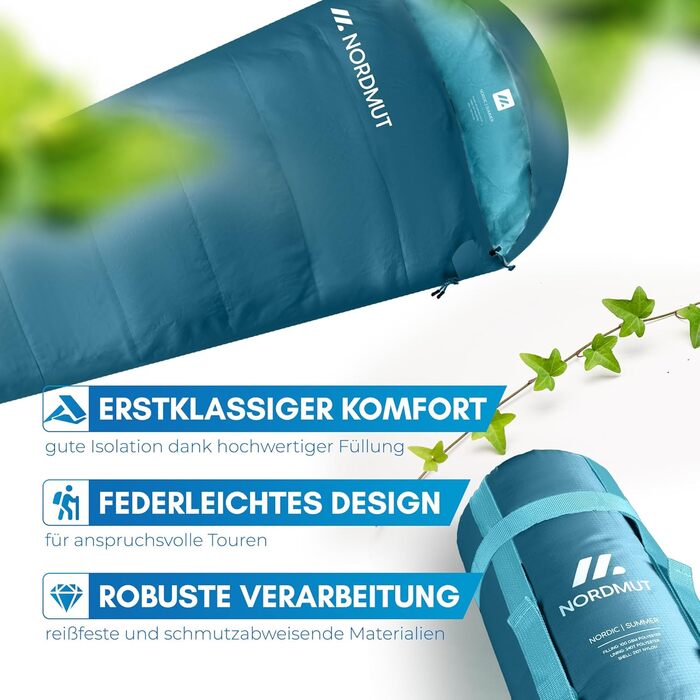 Сплячий мішок NORDMUT® для дорослих – компактний та ультралегкий (900/1500г) – на 3 сезони (250 GSM) & літній спальний мішок (100 GSM) – ковдриний спальник для кемпінгу, відпочинку на природі та фестивалів, сіро-блакитний