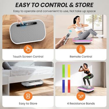Вібраційна платформа для схуднення з еластичними гумками, 9 режимів, 120 рівнів інтенсивності, Bluetooth, LED-дисплей, місткість 150 кг, білий