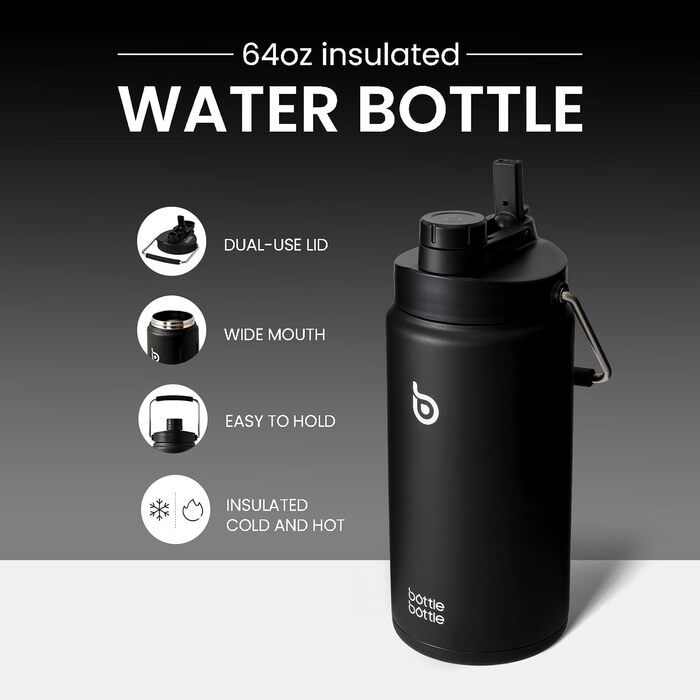 Термобутилка BOTTLE BOTTLE 1.8 л з трубочкою, пігулковницею та ручкою, нержавіюча сталева пляшка для води для спорту і подорожей, чорна