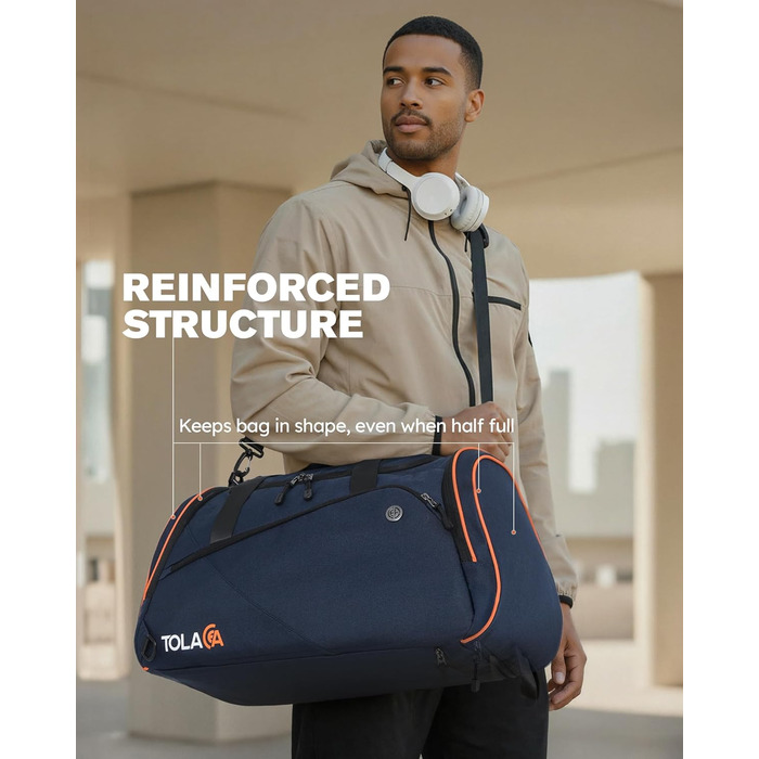 Спортивна сумка Tolaccea 47L з відділенням для взуття та мокрого одягу - рюкзак-дуffel для фітнесу, тренувань, басейну, подорожей (Темно-синій)